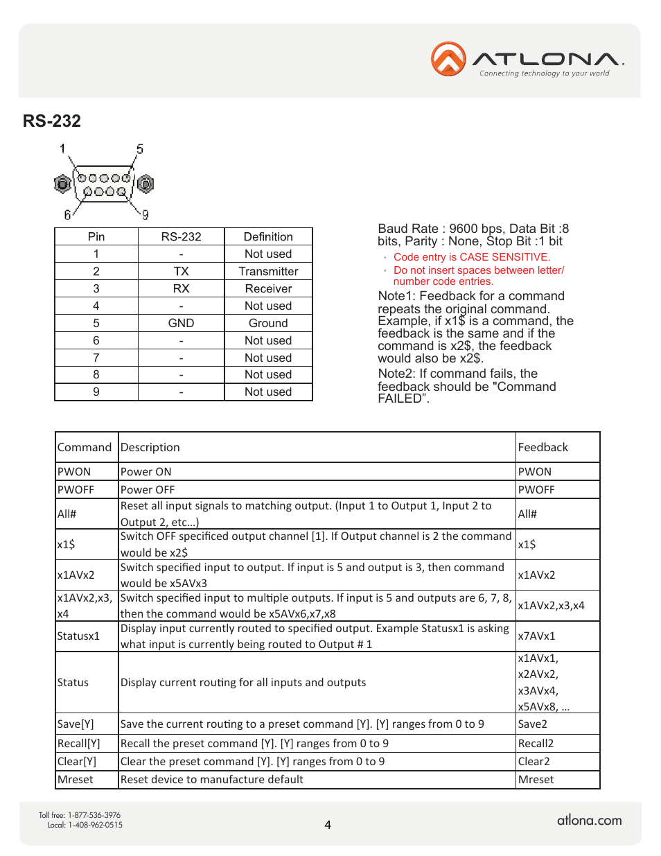 Rs-232 | Atlona AT COMP 88M V2 User Manual | Page 6 / 10