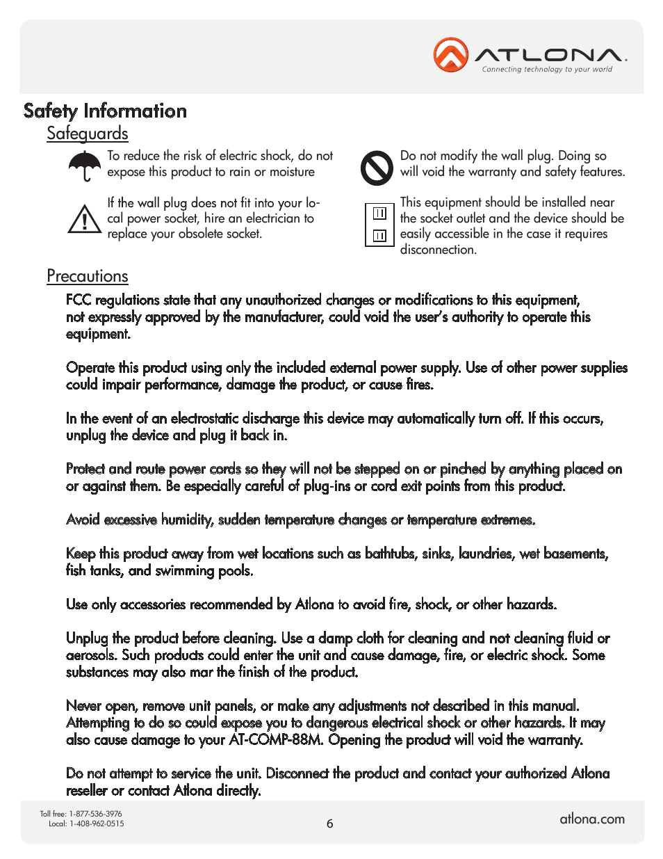 Safety information, Safeguards precautions | Atlona AT COMP 88M V2 User Manual | Page 8 / 10
