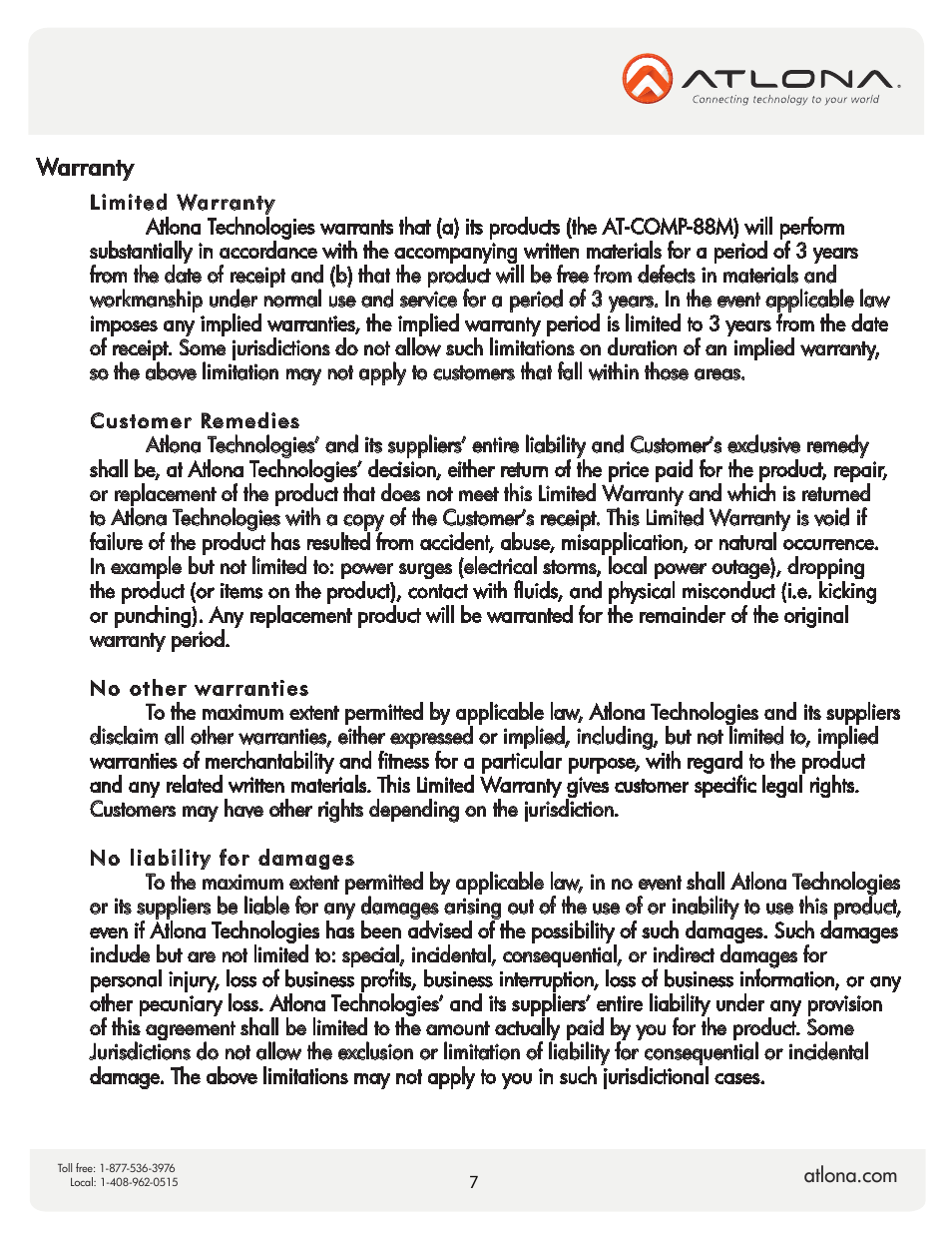 Warranty | Atlona AT COMP 88M V2 User Manual | Page 9 / 10