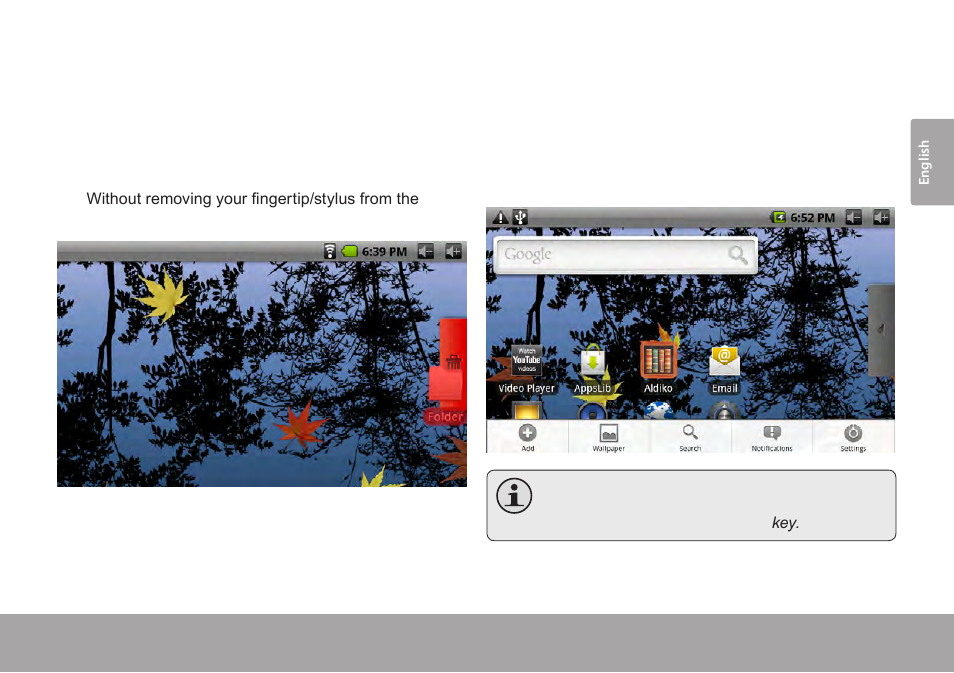 Removing widgets and icons, About menus | COBY Kyros MID7015-4G User Manual | Page 19 / 55