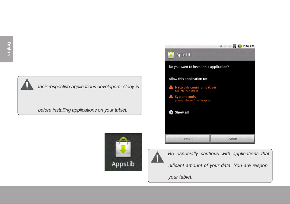 Installing additional applications, About the appslib store | COBY Kyros MID7015-4G User Manual | Page 30 / 55