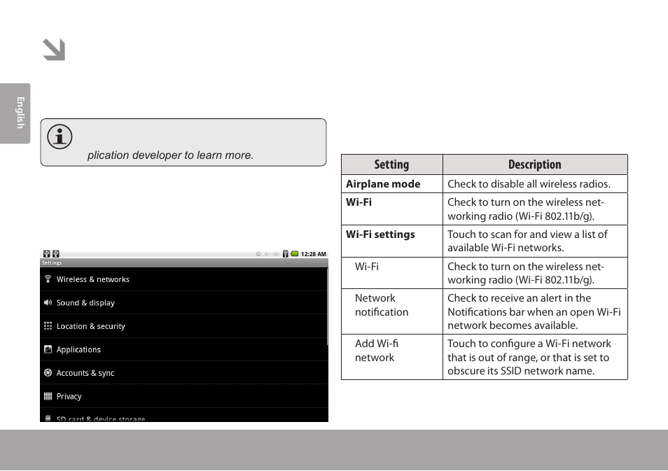 Setting the system options, Wireless & networks | COBY Kyros MID7015-4G User Manual | Page 40 / 55
