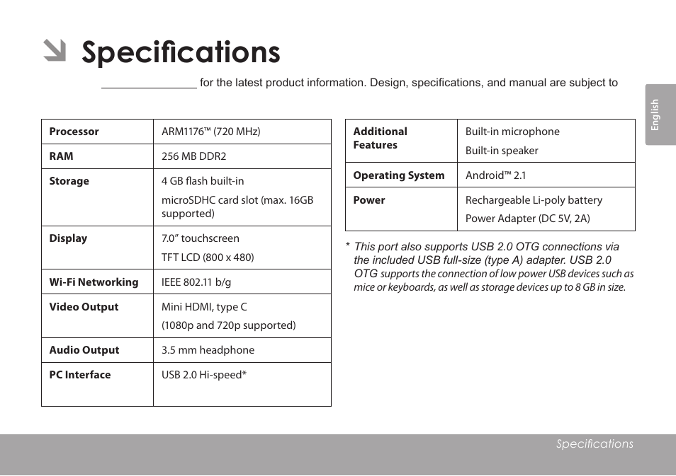 Specifications | COBY Kyros MID7015-4G User Manual | Page 49 / 55