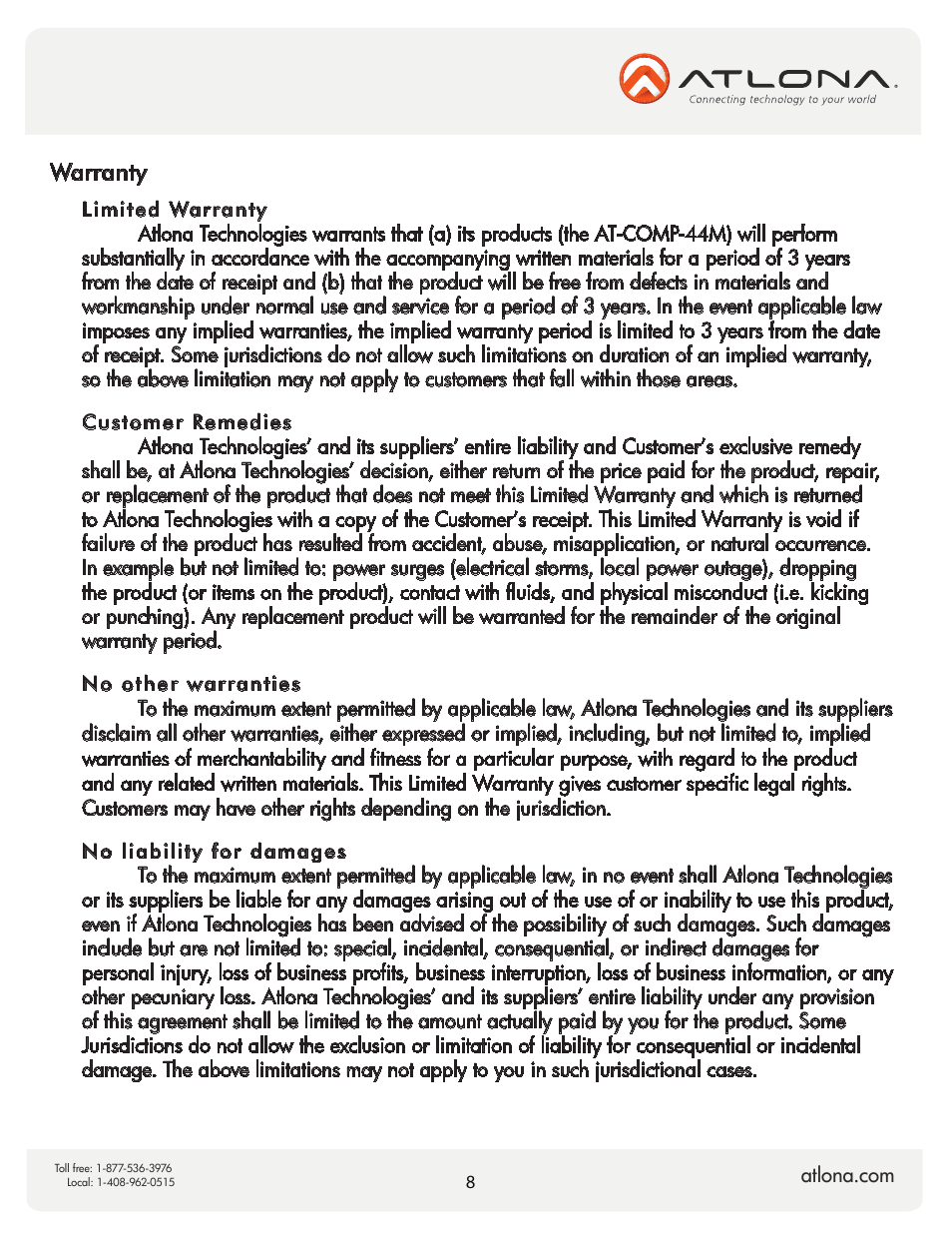 Warranty | Atlona AT COMP 44M V2 User Manual | Page 10 / 11