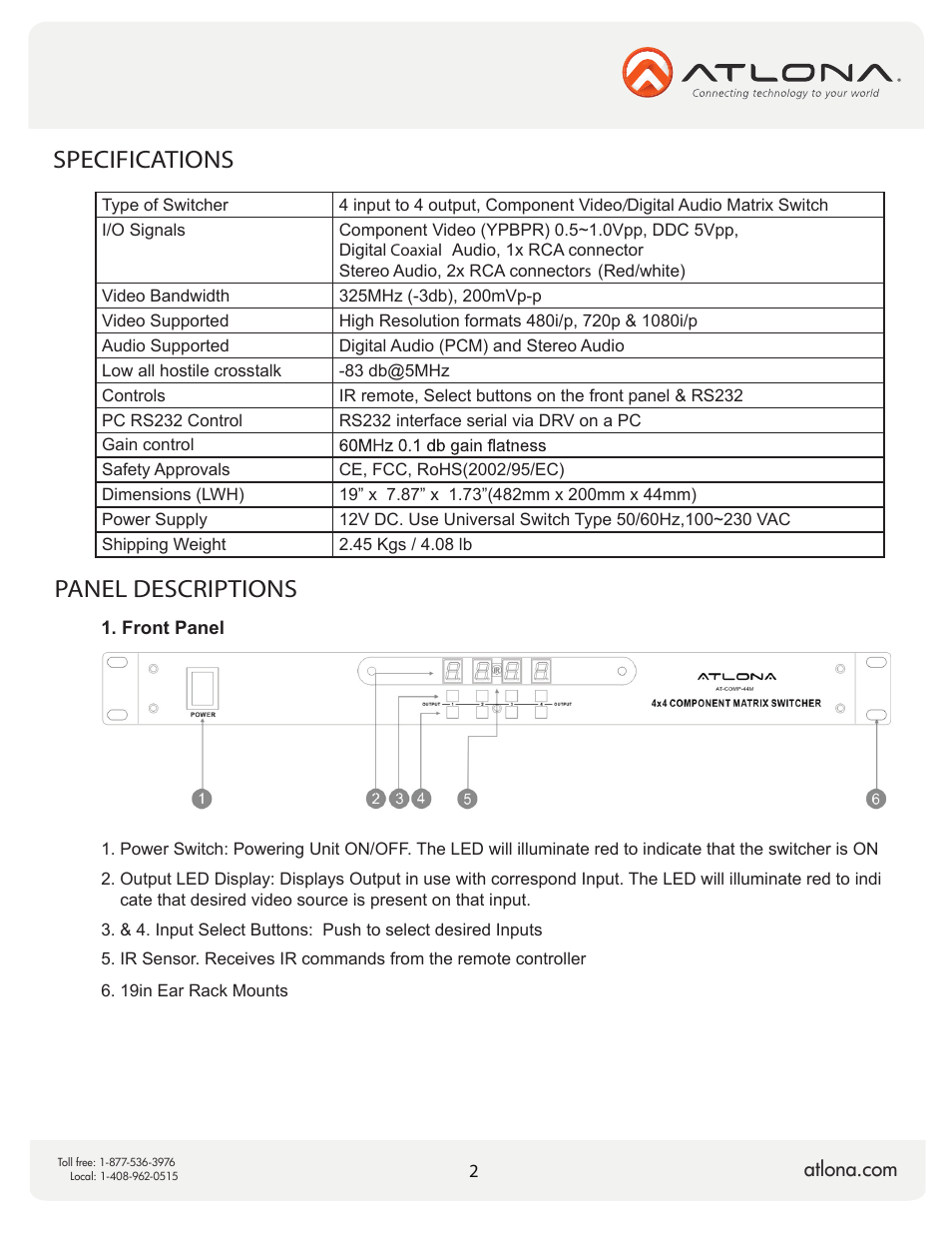 Specifications panel descriptions | Atlona AT COMP 44M V2 User Manual | Page 4 / 11