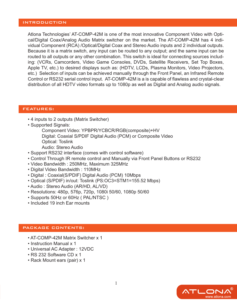 Atlona AT COMP 42M User Manual | Page 3 / 11