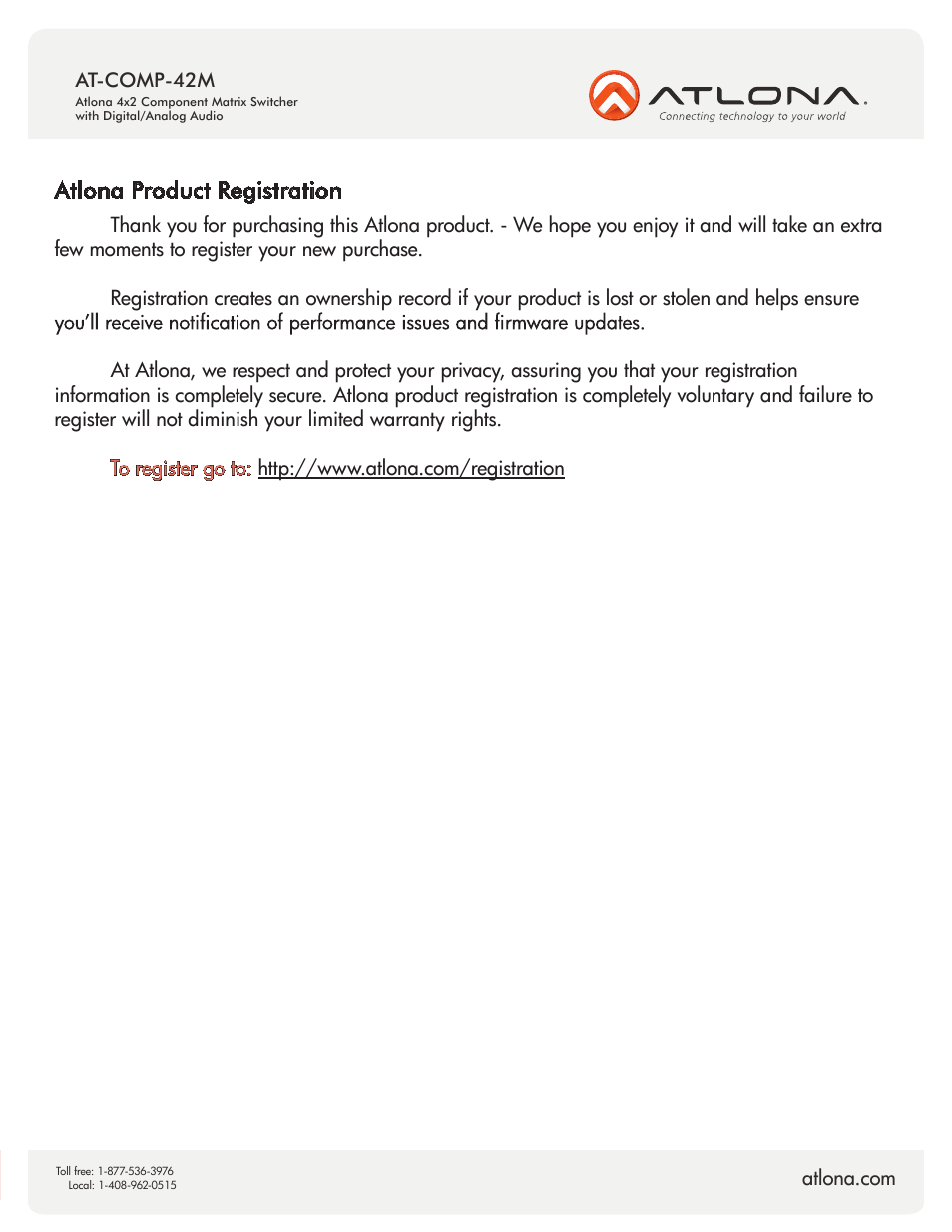 Atlona product registration | Atlona AT COMP 42M V2 User Manual | Page 10 / 10