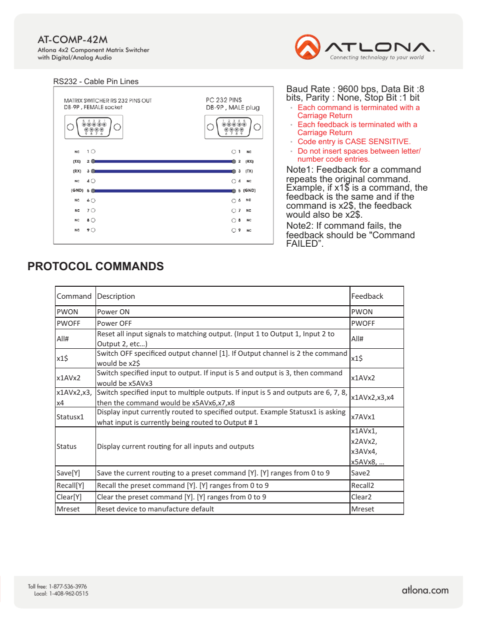 Protocol commands | Atlona AT COMP 42M V2 User Manual | Page 7 / 10