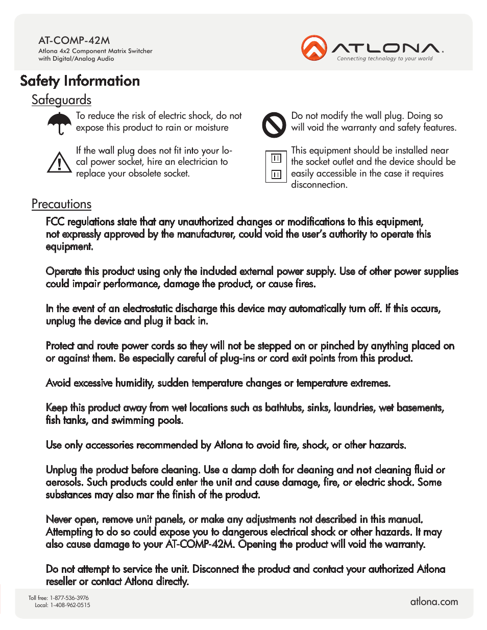 Safety information, Safeguards precautions | Atlona AT COMP 42M V2 User Manual | Page 8 / 10