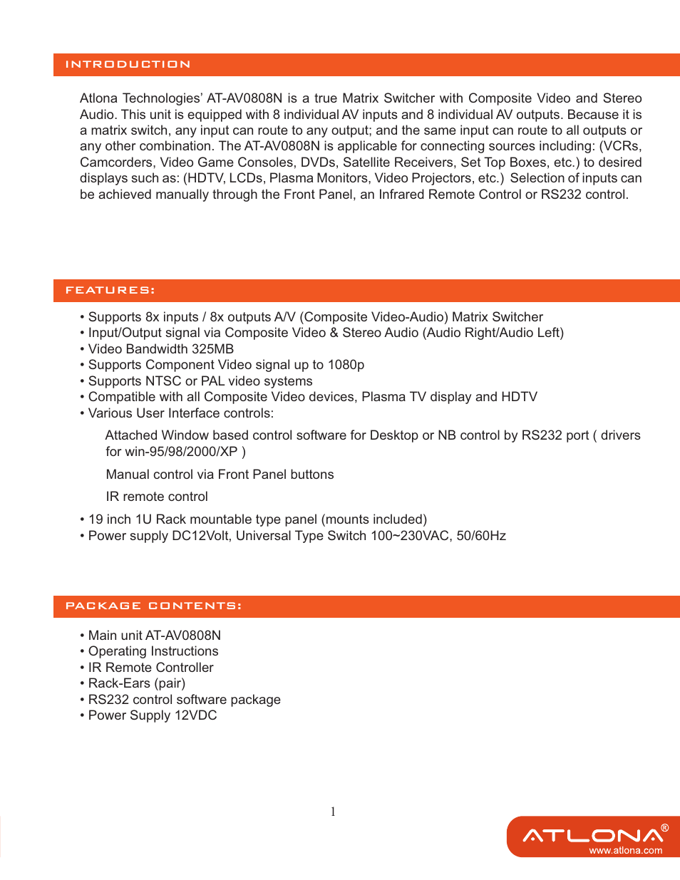 Atlona AT AV0808N User Manual | Page 3 / 12