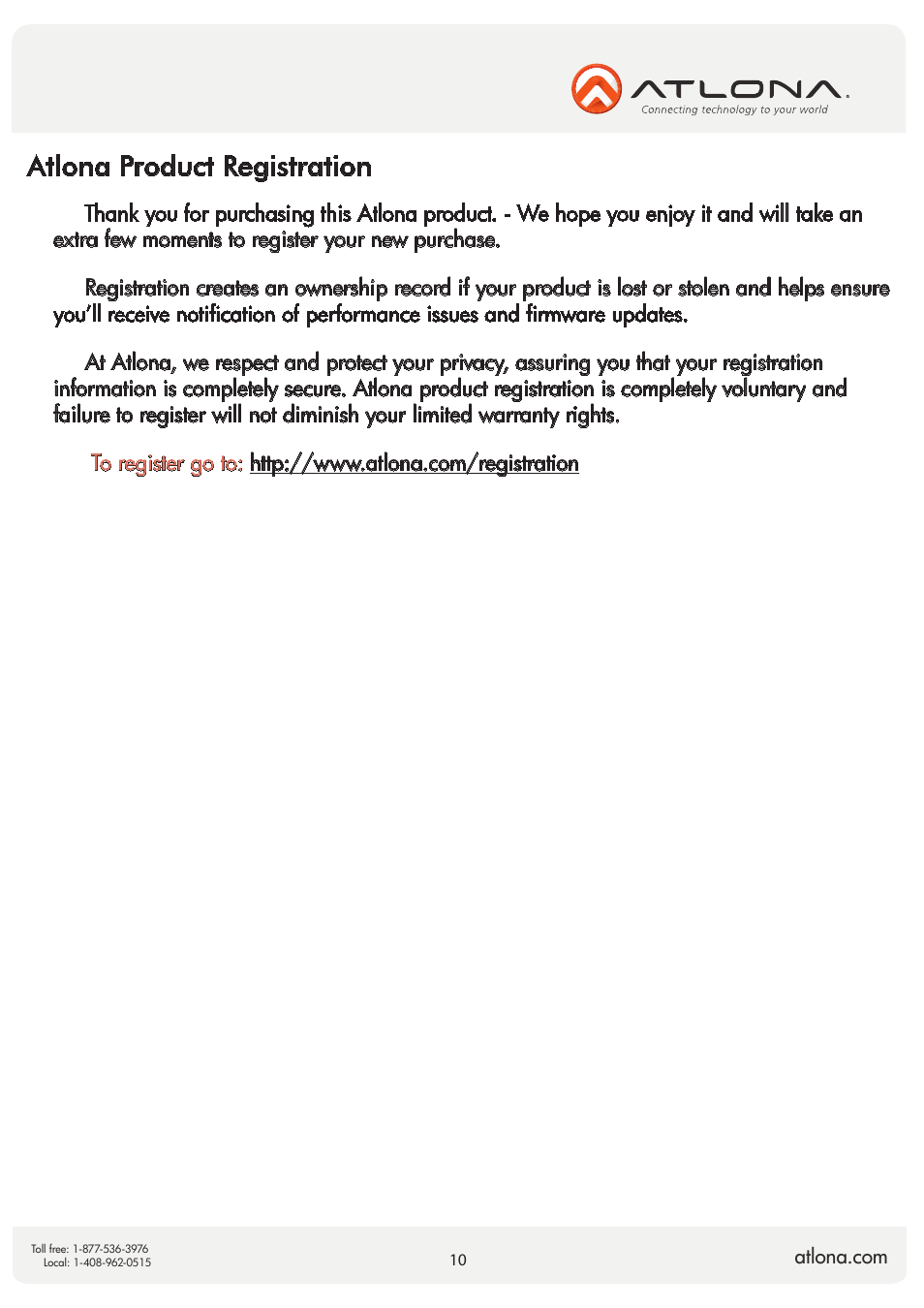Atlona product registration | Atlona AT AV0808N V3 User Manual | Page 10 / 10