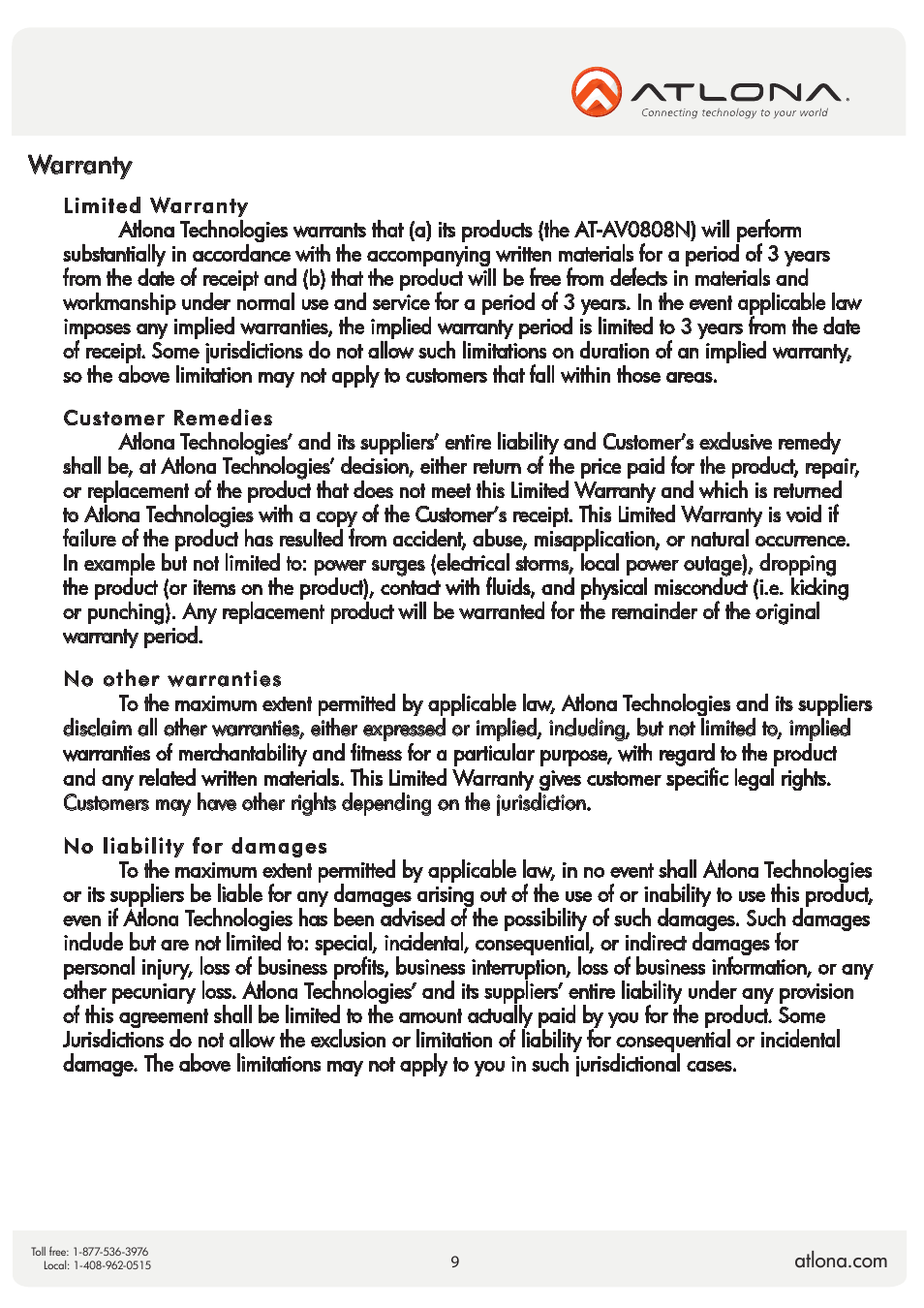 Warranty | Atlona AT AV0808N V3 User Manual | Page 9 / 10