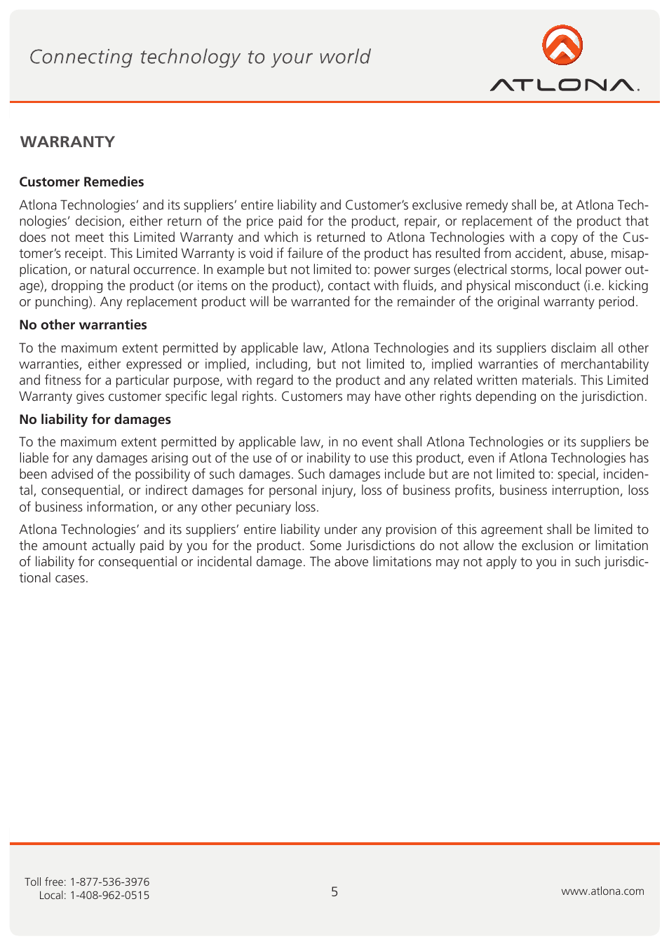 Warranty | Atlona AT 80140HD User Manual | Page 6 / 7
