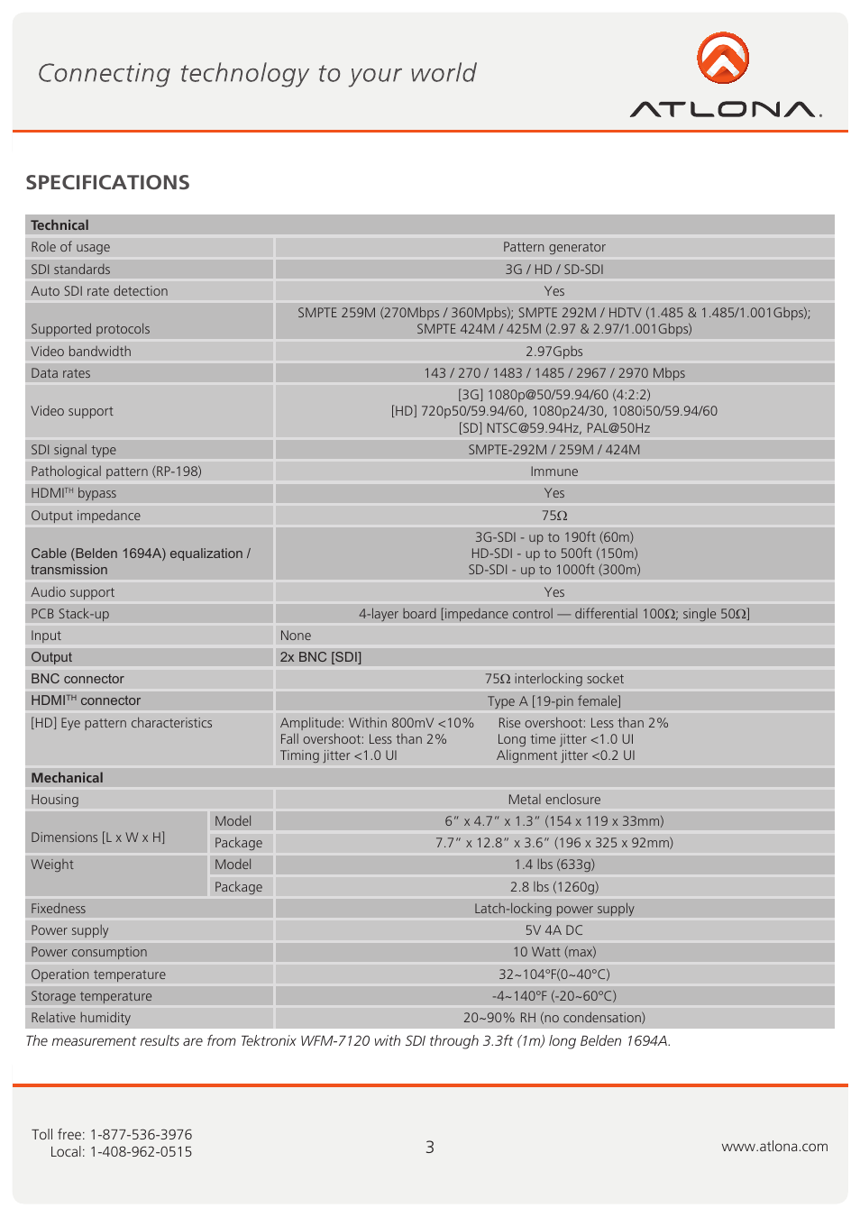 Specifications | Atlona AT 3GSDI500 User Manual | Page 4 / 13