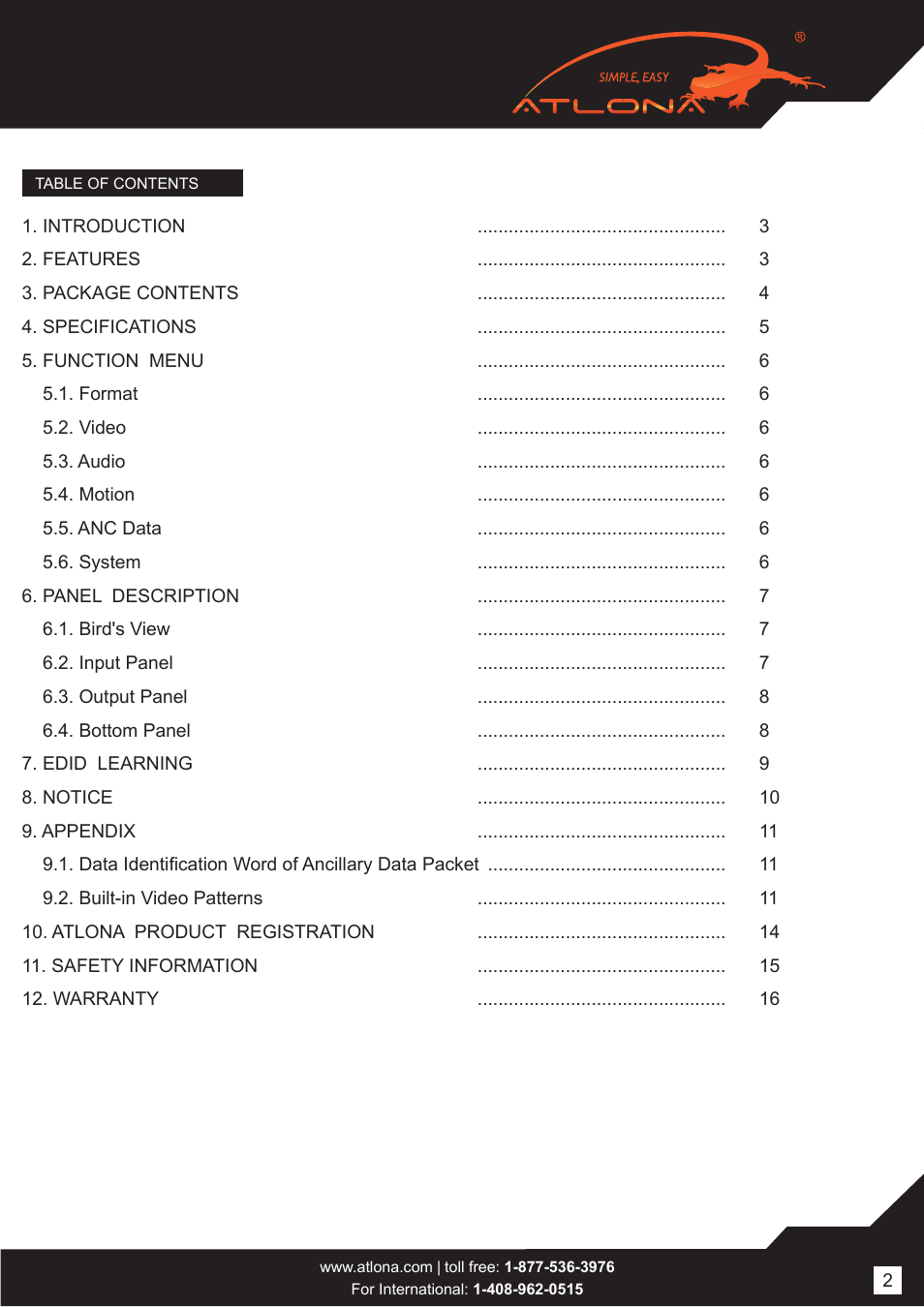 Atlona AT 3GSDI500 User Manual | Page 2 / 16