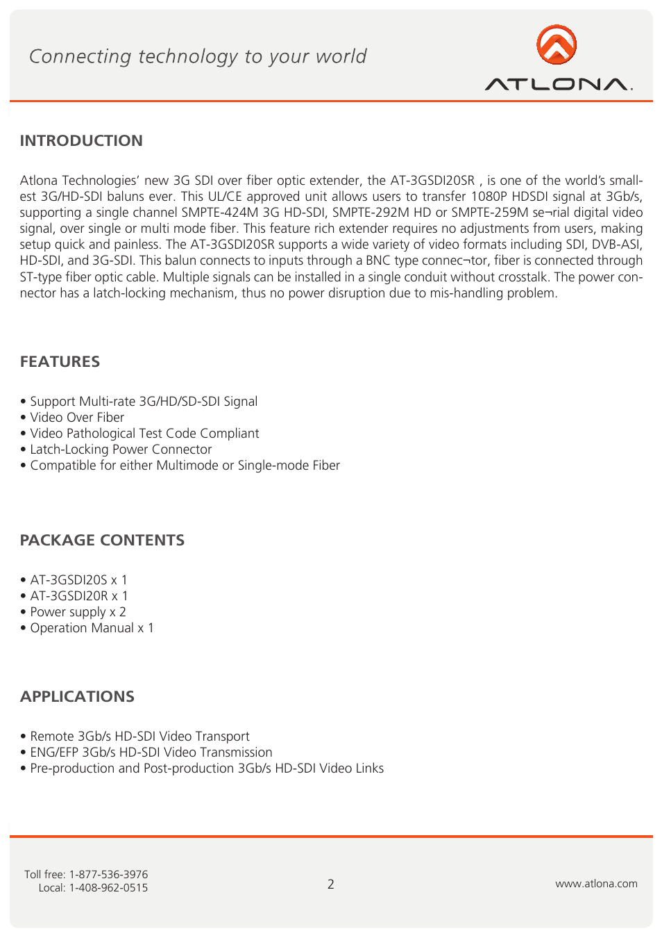 Atlona AT 3GSDI20SR User Manual | Page 3 / 8