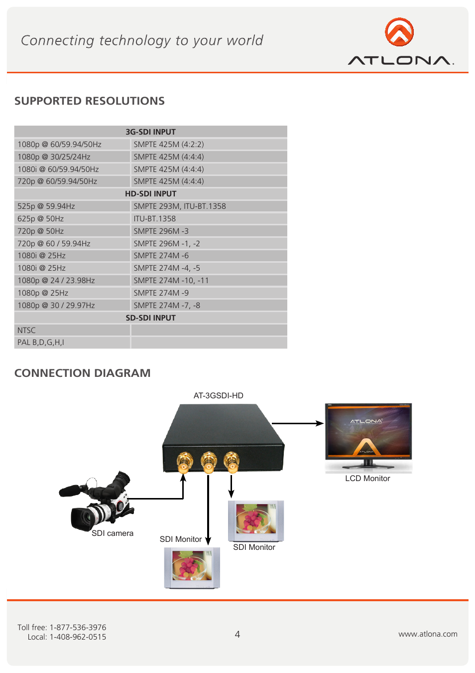 Supported resolutions connection diagram | Atlona AT 3GSDI HD User Manual | Page 5 / 9