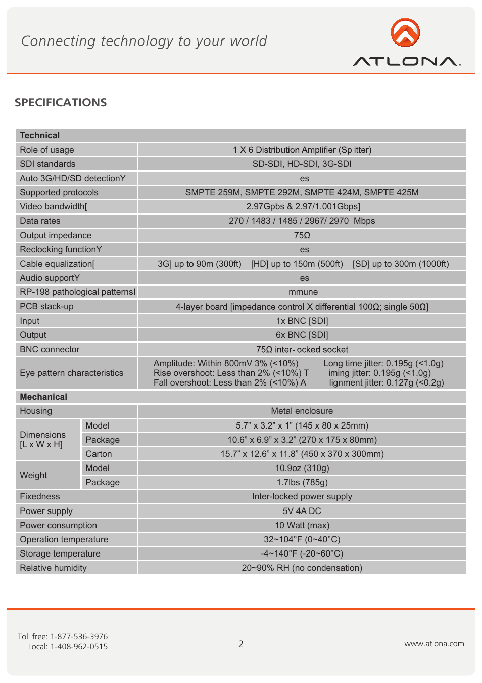 Specifications | Atlona AT 3GSDI 16 User Manual | Page 3 / 9