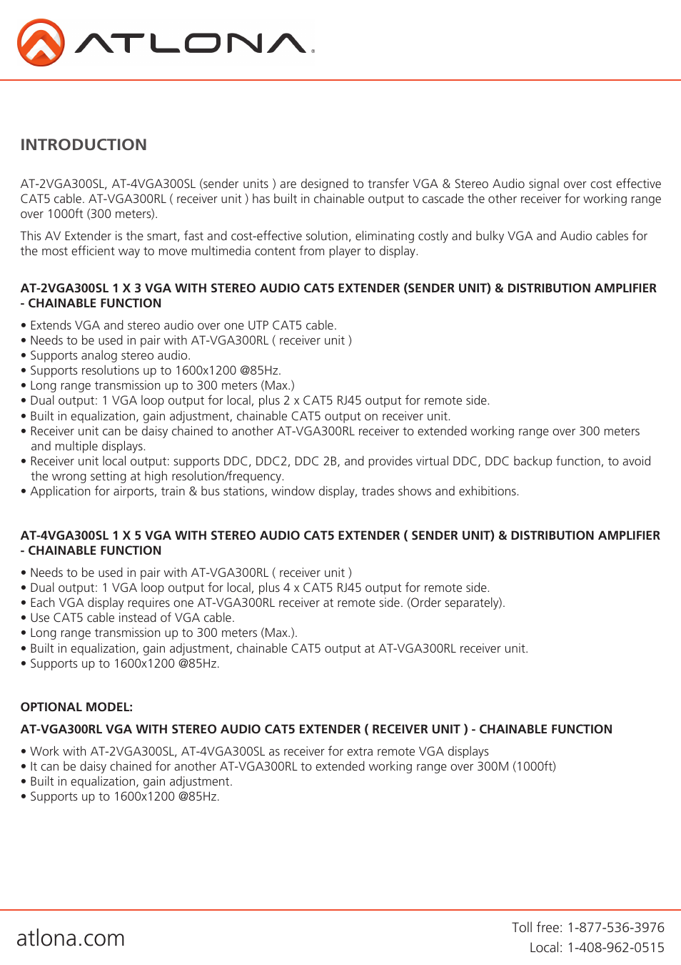 Atlona AT 2VGA300SL User Manual | Page 3 / 10