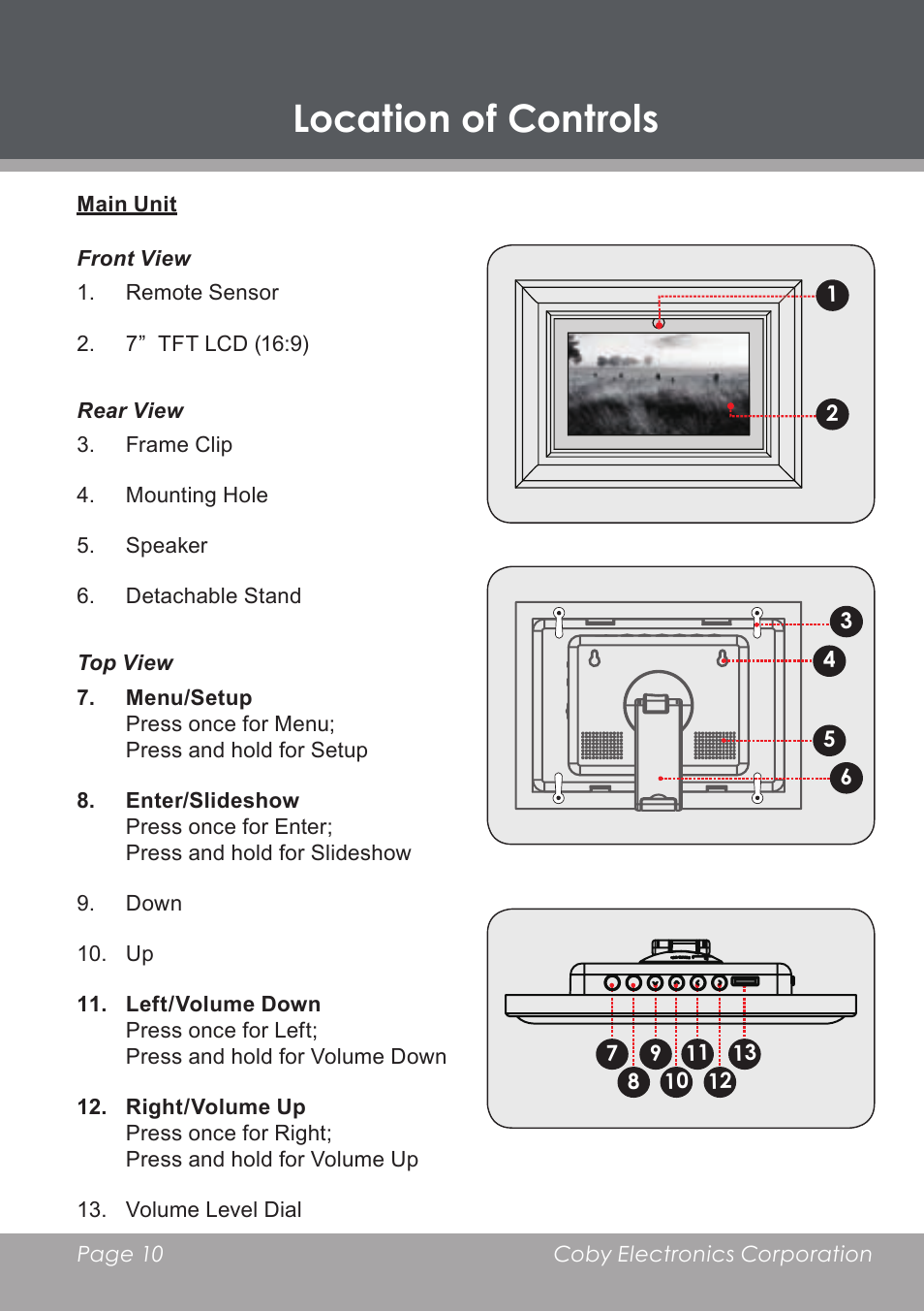 Location of controls, Main unit | COBY DP-768 User Manual | Page 10 / 36