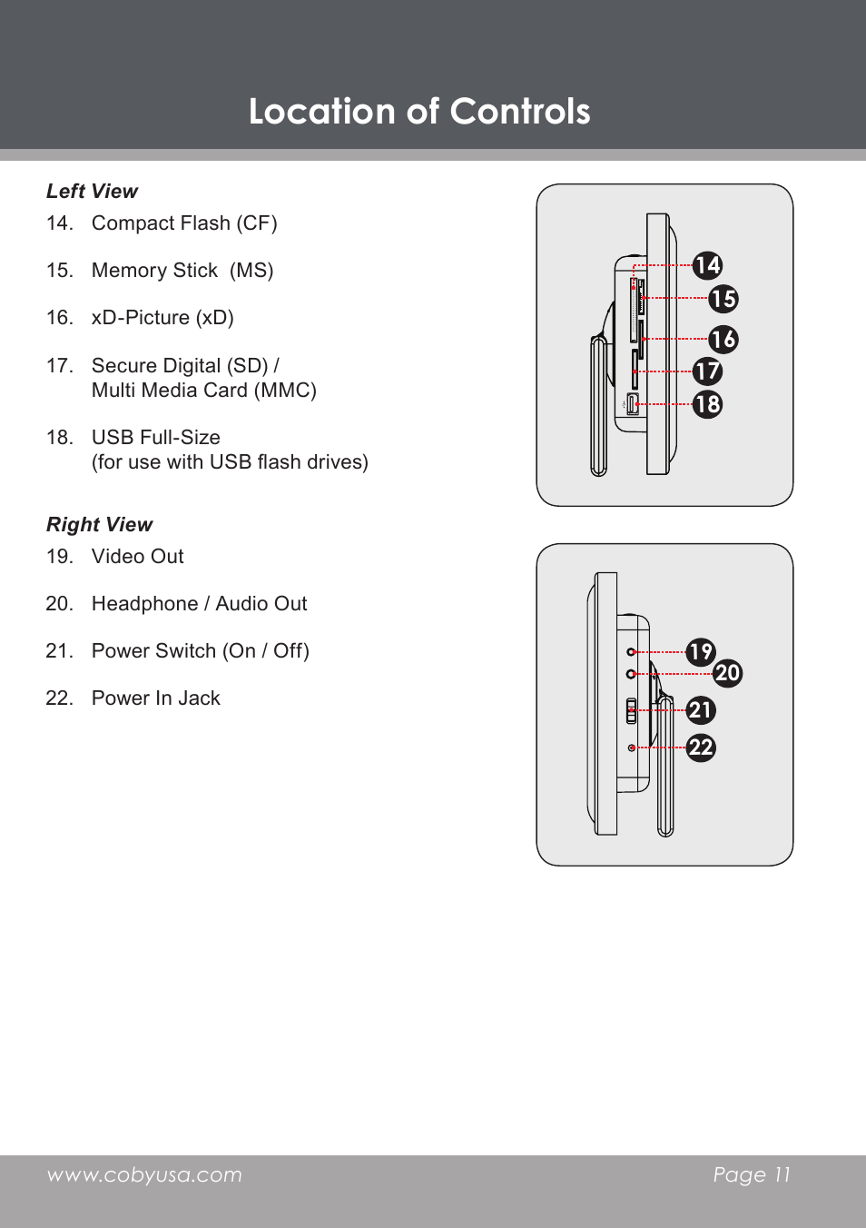 Location of controls | COBY DP-768 User Manual | Page 11 / 36