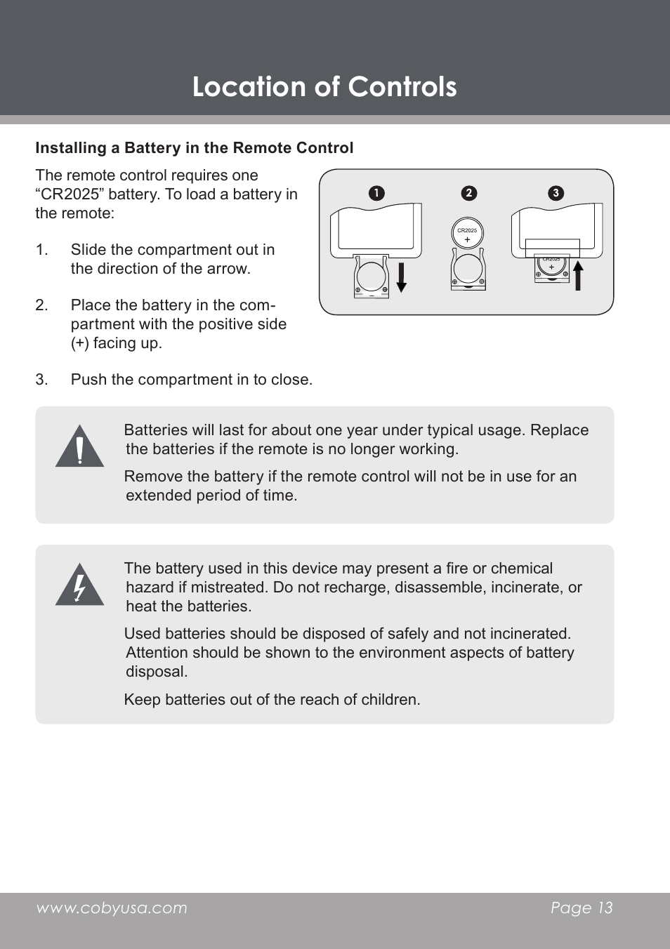 Installing a battery in the remote control, Location of controls | COBY DP-768 User Manual | Page 13 / 36