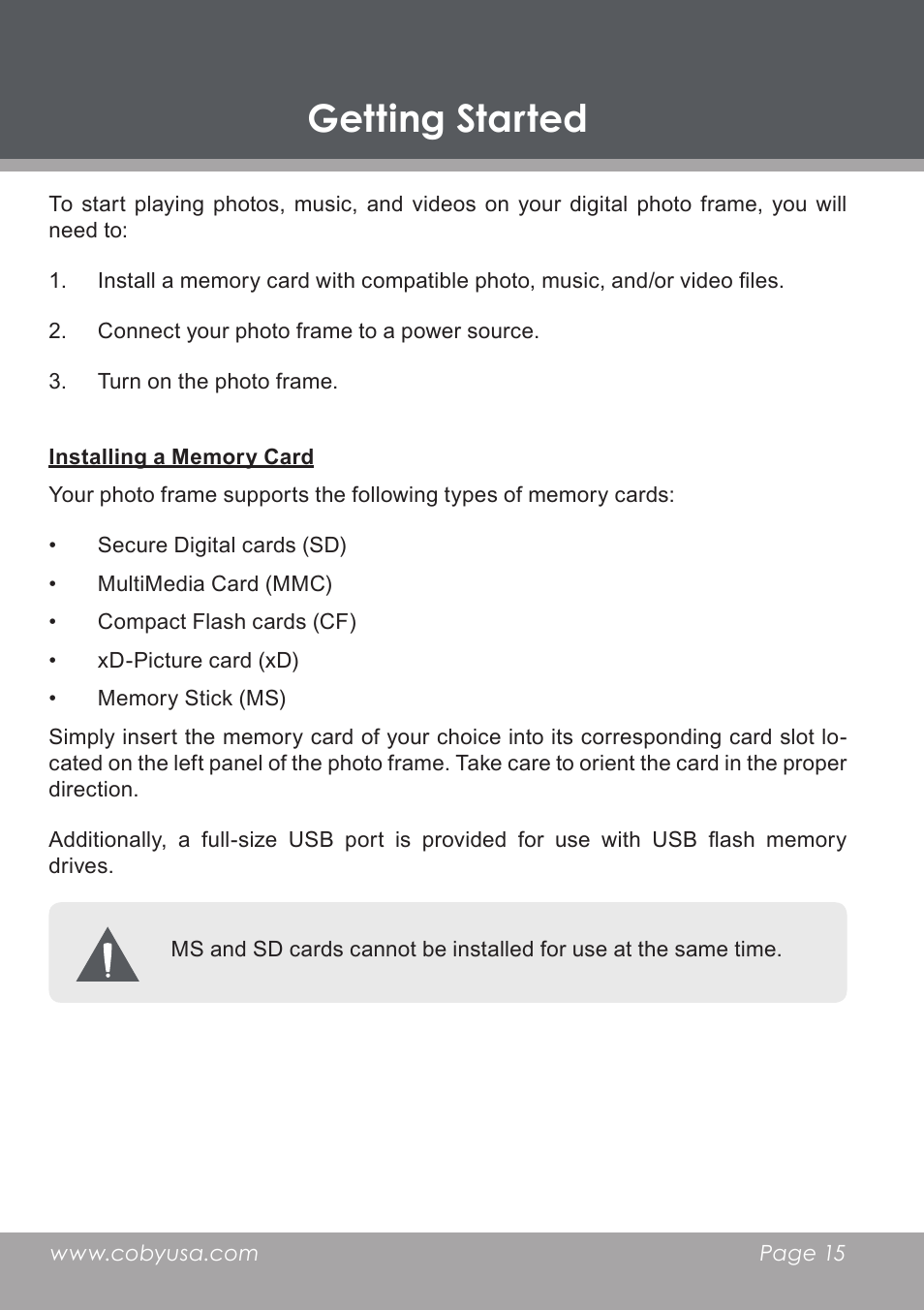 Getting started, Installing a memory card | COBY DP-768 User Manual | Page 15 / 36