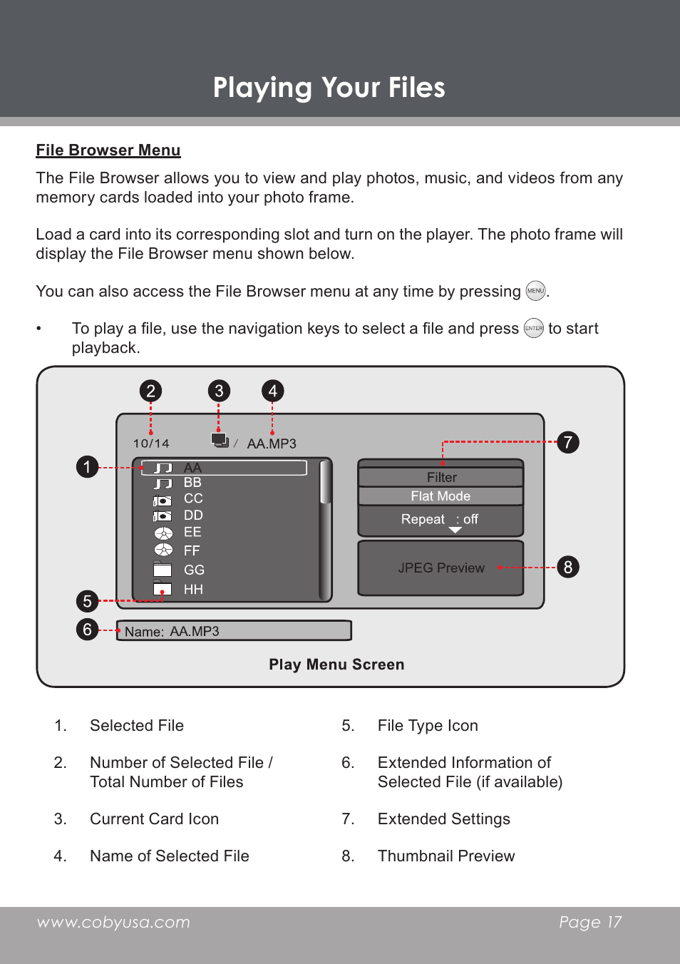 Playing your files, File browser menu | COBY DP-768 User Manual | Page 17 / 36