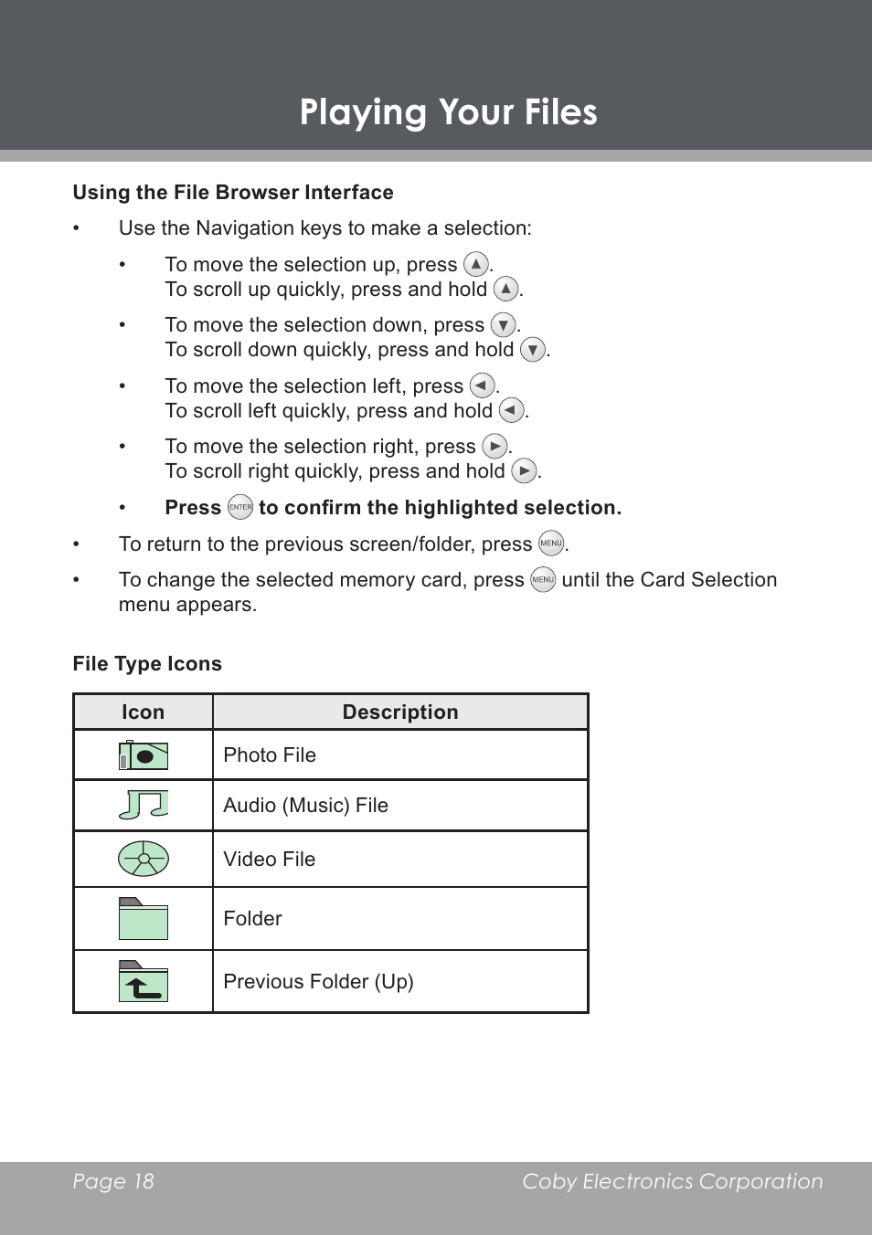 Using the file browser interface, File type icons, Playing your files | COBY DP-768 User Manual | Page 18 / 36