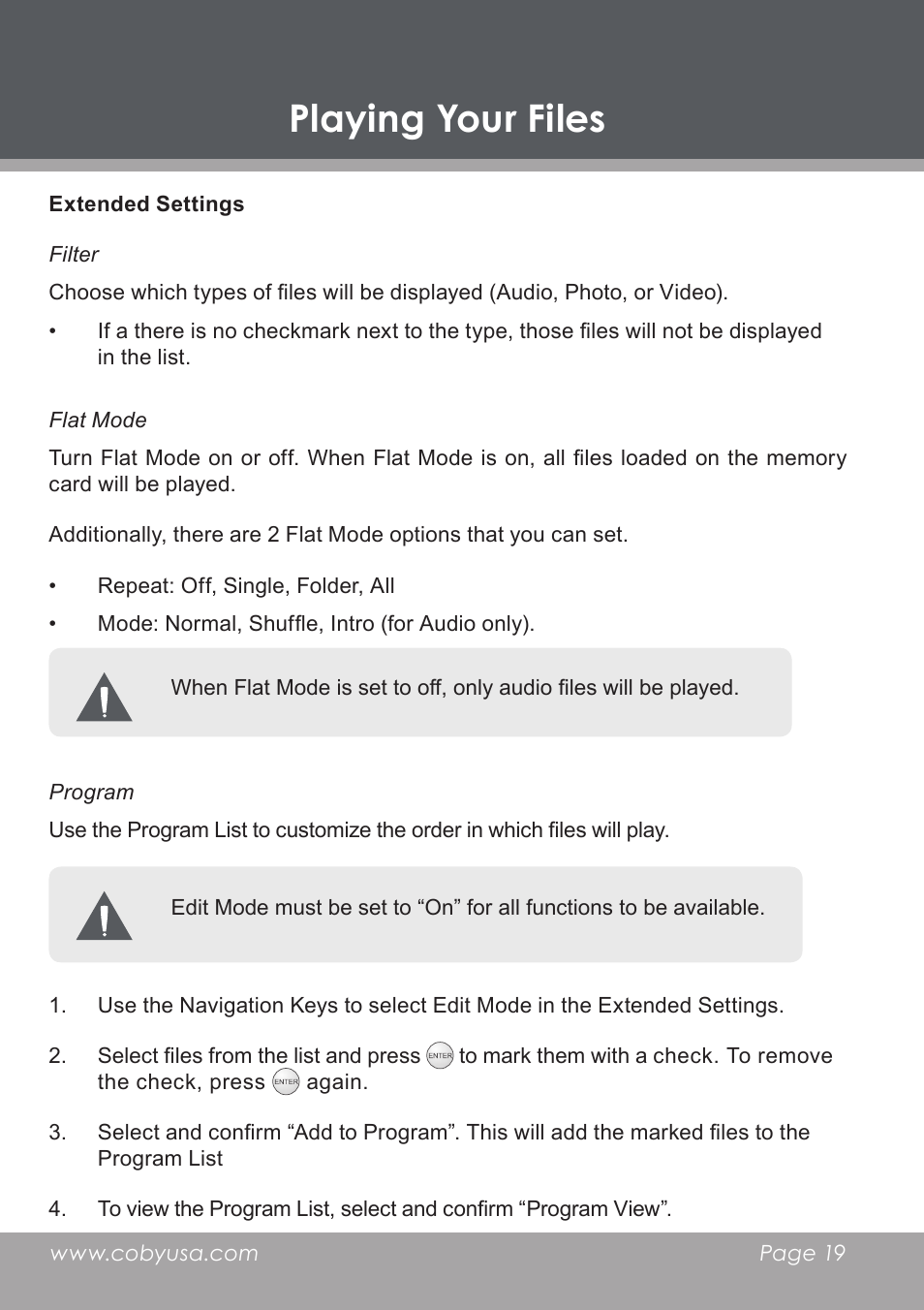 Extended settings, Playing your files | COBY DP-768 User Manual | Page 19 / 36