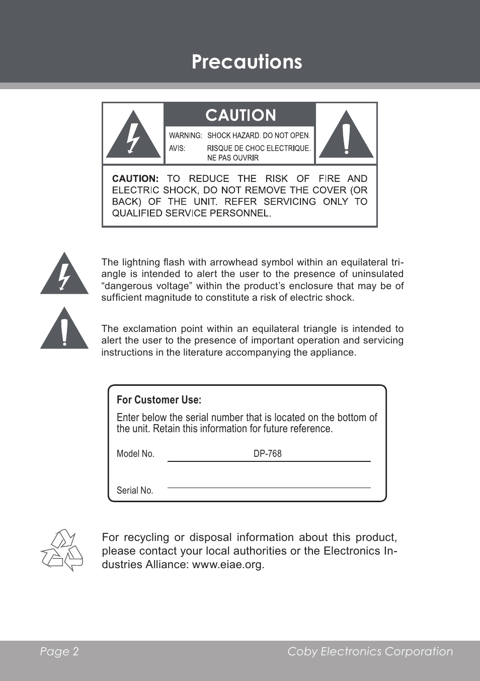 Precautions | COBY DP-768 User Manual | Page 2 / 36