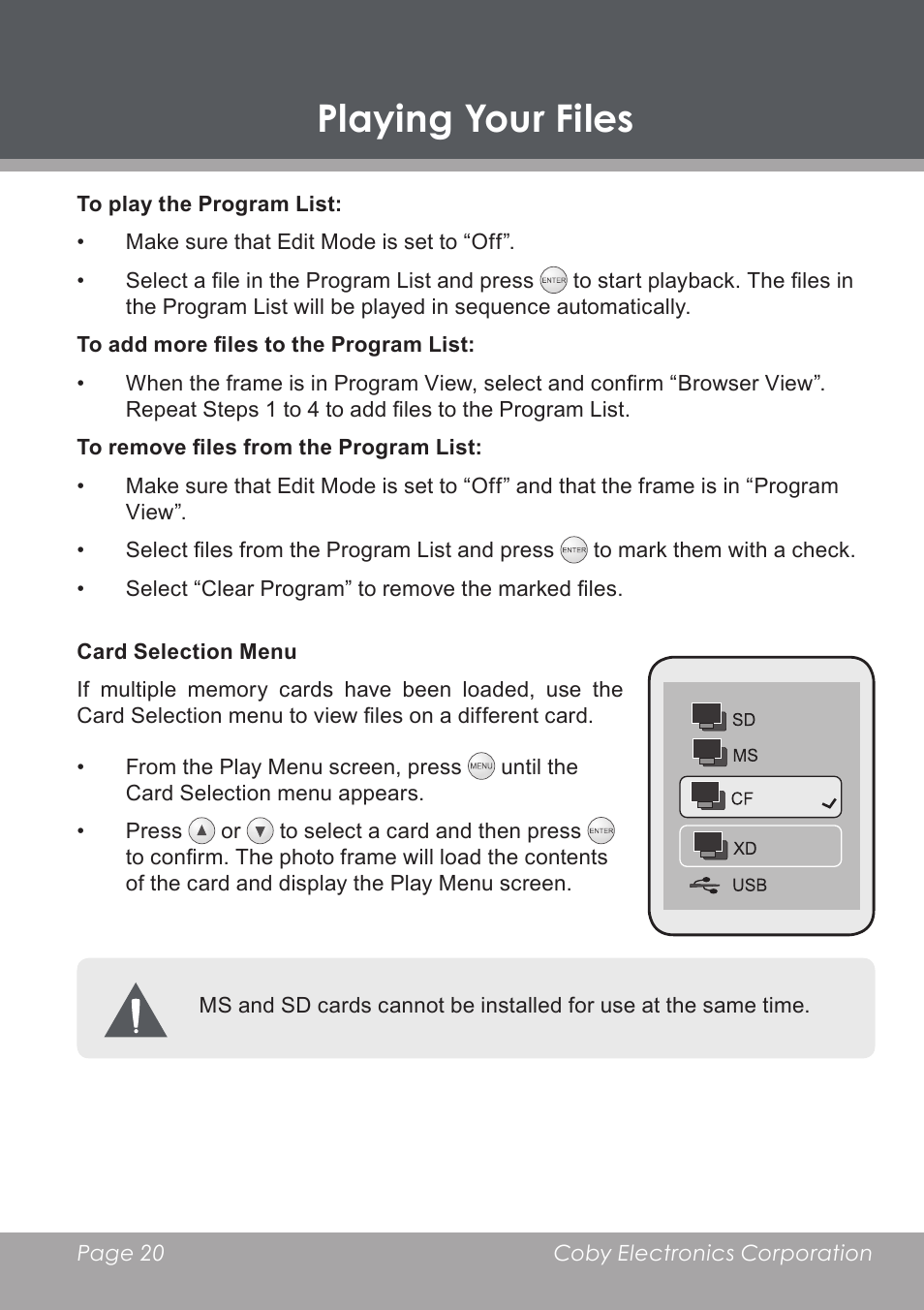 Card selection menu, Playing your files | COBY DP-768 User Manual | Page 20 / 36