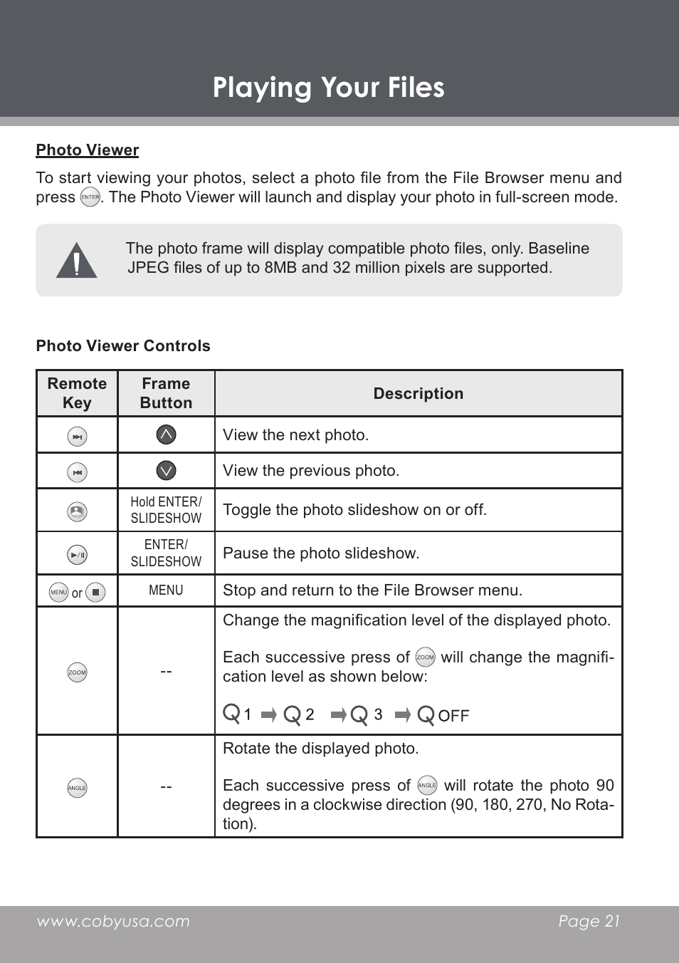 Photo viewer, Photo viewer controls, Playing your files | COBY DP-768 User Manual | Page 21 / 36