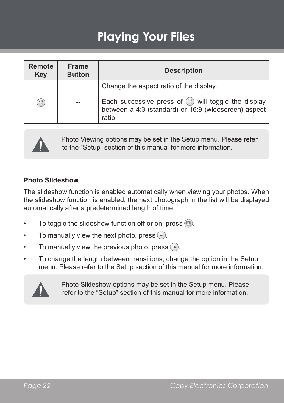 Photo slideshow, Playing your files | COBY DP-768 User Manual | Page 22 / 36