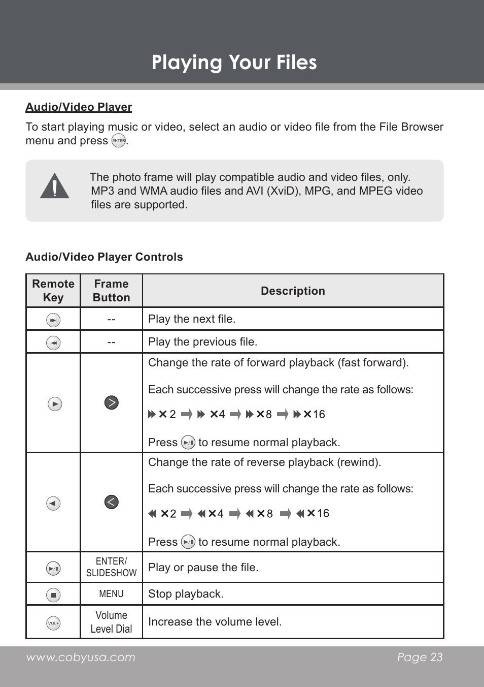 Audio/video player, Audio/video player controls, Playing your files | COBY DP-768 User Manual | Page 23 / 36