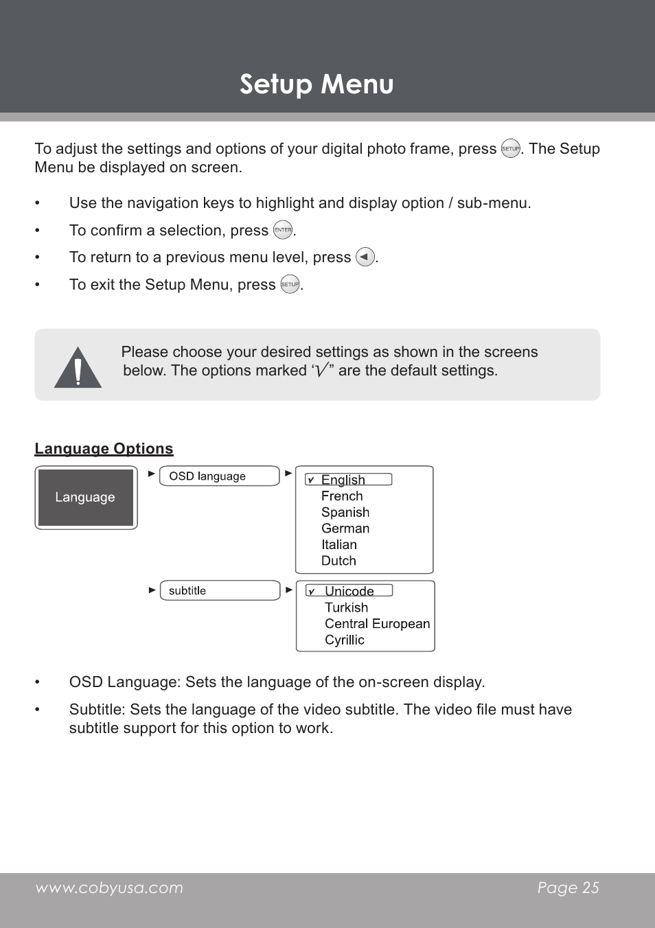 Setup menu, Language options | COBY DP-768 User Manual | Page 25 / 36