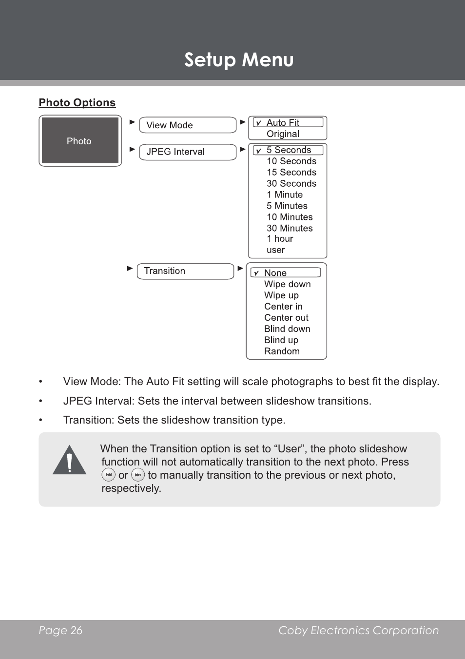 Photo options, Setup menu | COBY DP-768 User Manual | Page 26 / 36