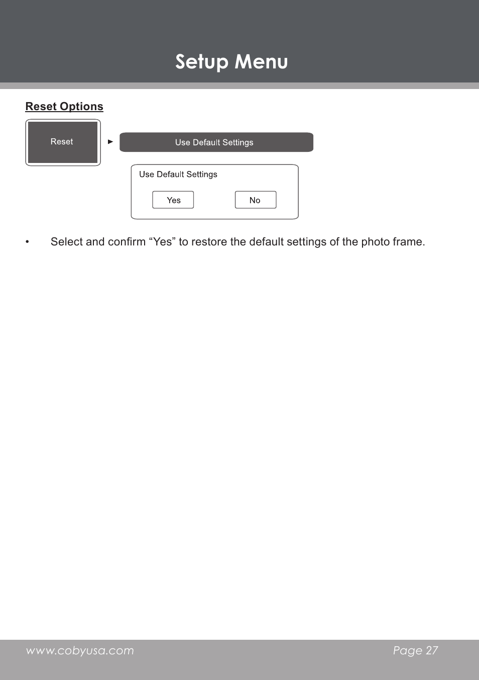 Reset options, Setup menu | COBY DP-768 User Manual | Page 27 / 36