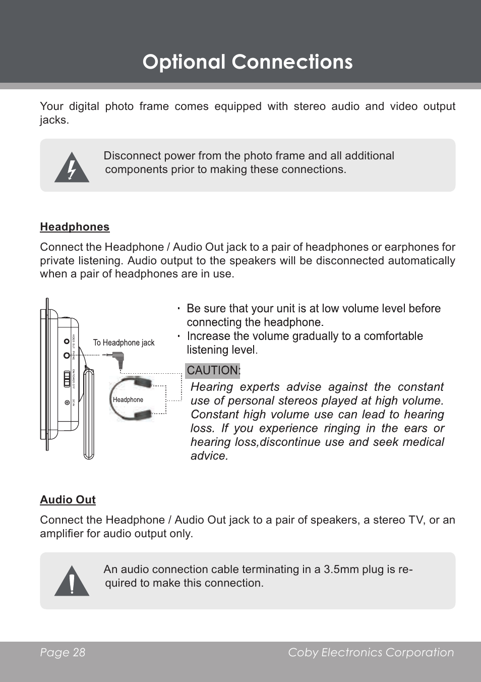 Optional connections, Headphones, Audio out | COBY DP-768 User Manual | Page 28 / 36