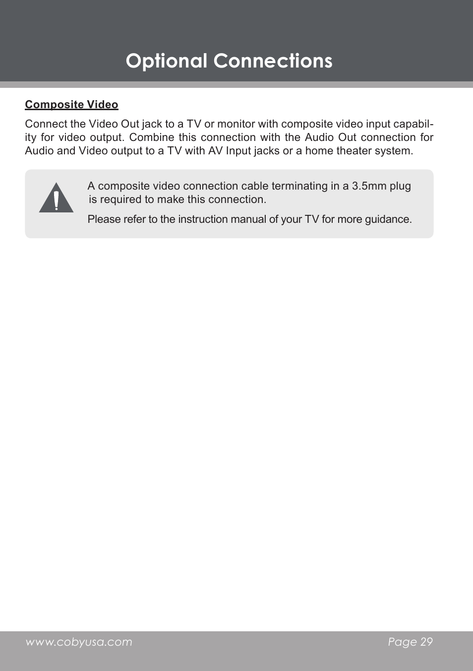 Composite video, Optional connections | COBY DP-768 User Manual | Page 29 / 36