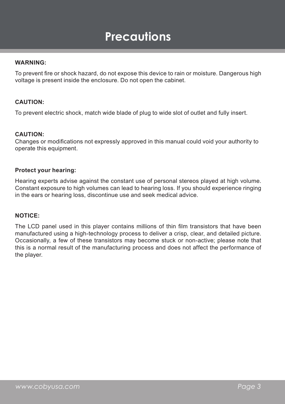 Precautions | COBY DP-768 User Manual | Page 3 / 36