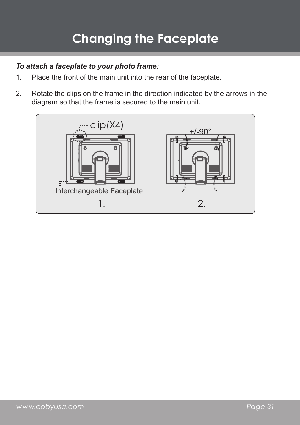 Changing the faceplate | COBY DP-768 User Manual | Page 31 / 36