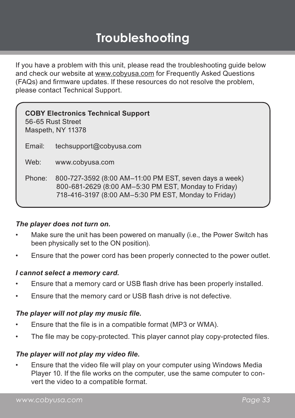 Troubleshooting | COBY DP-768 User Manual | Page 33 / 36