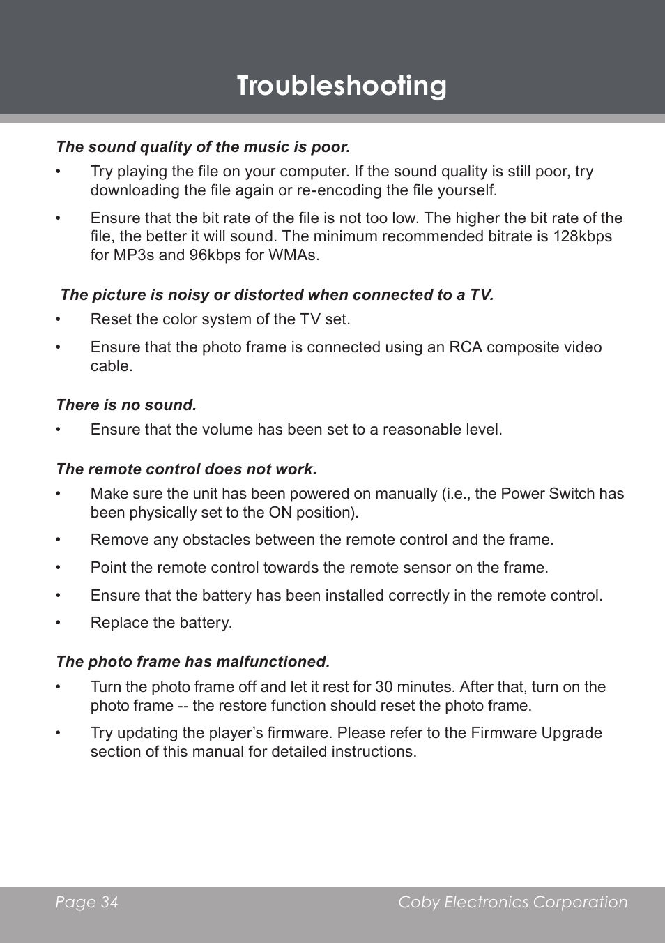 Troubleshooting | COBY DP-768 User Manual | Page 34 / 36