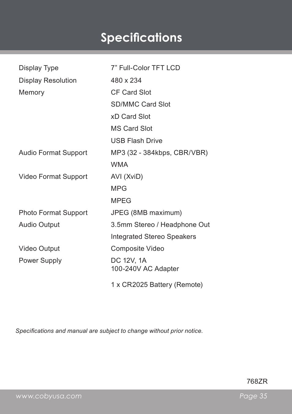 Specifications | COBY DP-768 User Manual | Page 35 / 36