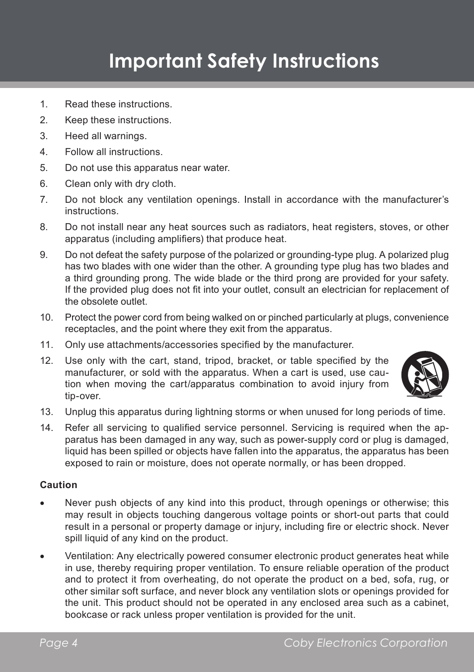 Important safety instructions | COBY DP-768 User Manual | Page 4 / 36