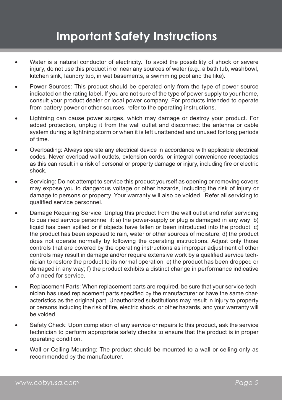 Important safety instructions | COBY DP-768 User Manual | Page 5 / 36