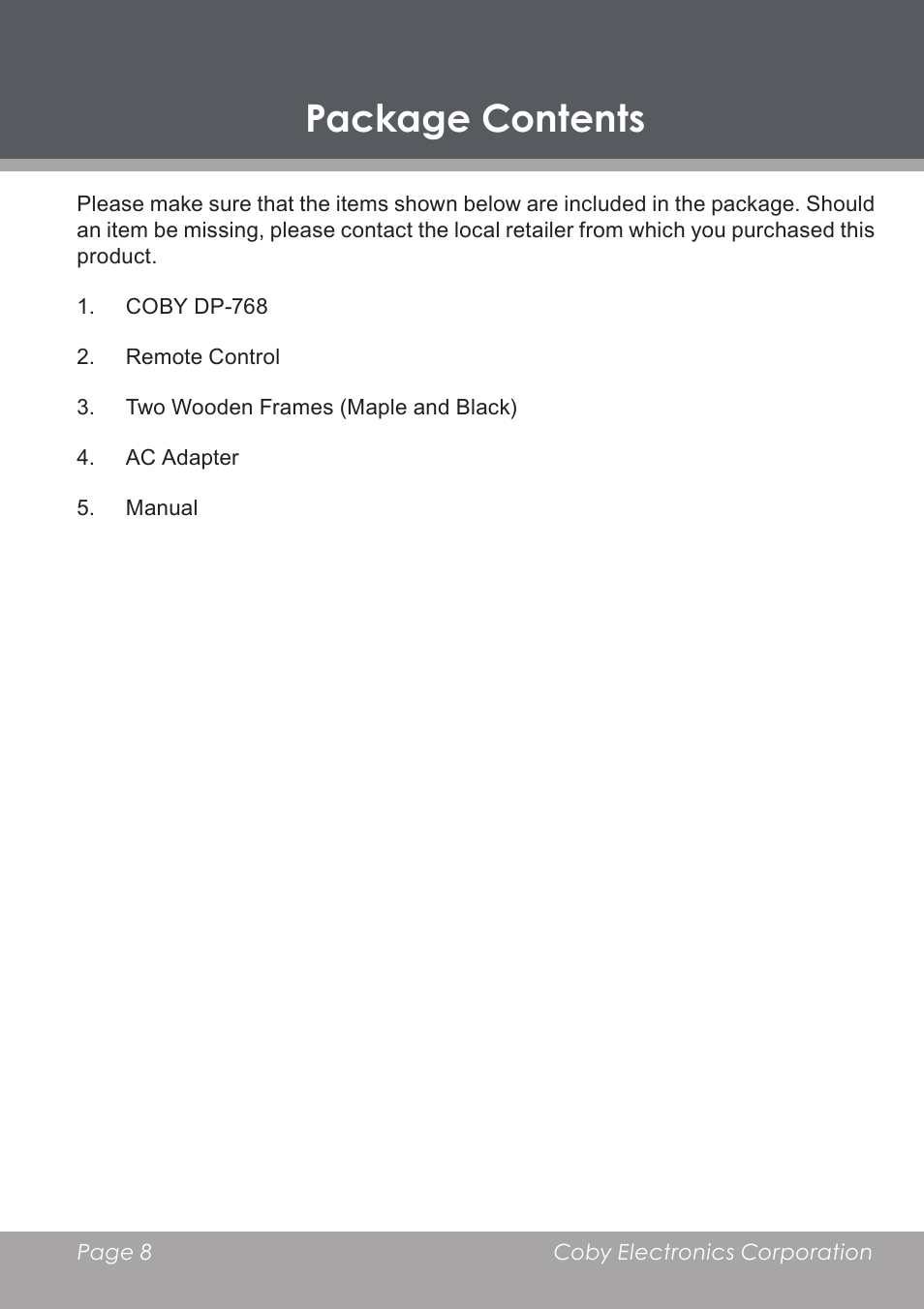 Package contents | COBY DP-768 User Manual | Page 8 / 36