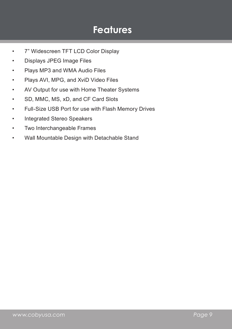 Features | COBY DP-768 User Manual | Page 9 / 36