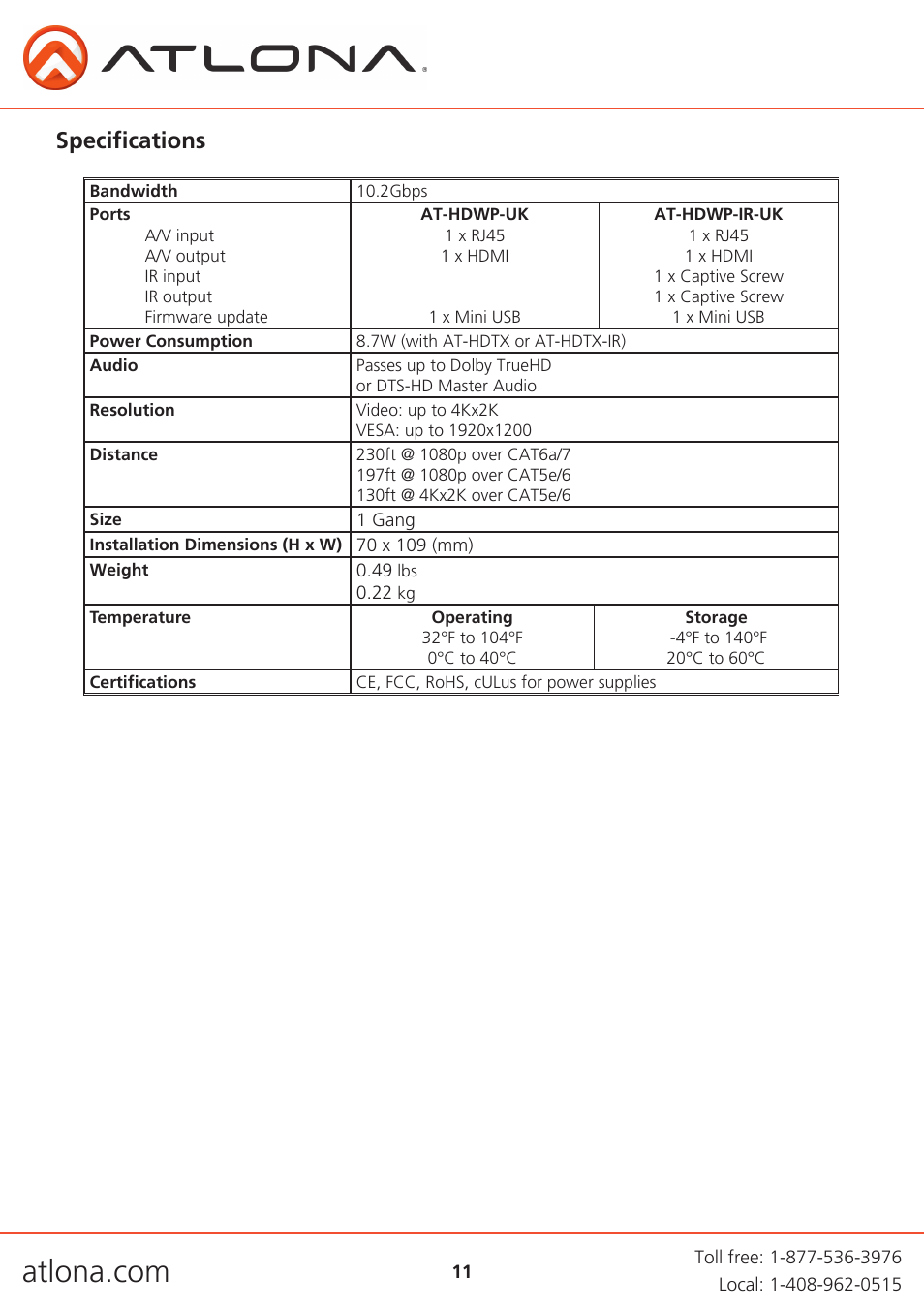 Specifications | Atlona ATHDWP UK Extenders User Manual | Page 11 / 14